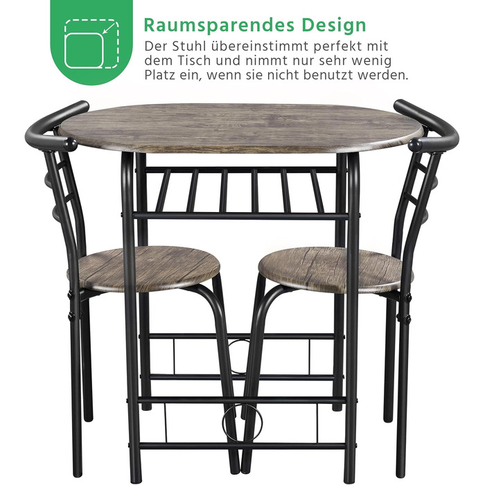 Обідній гарнітур Yaheetech у сільському стилі для 2 осіб з 1 обіднім столом та 2 стільцями, кухонний стіл з полицею для зберігання, комплект обіднього столу та стільців, колір Drift Brown, 80 x 53 x 75,5 см