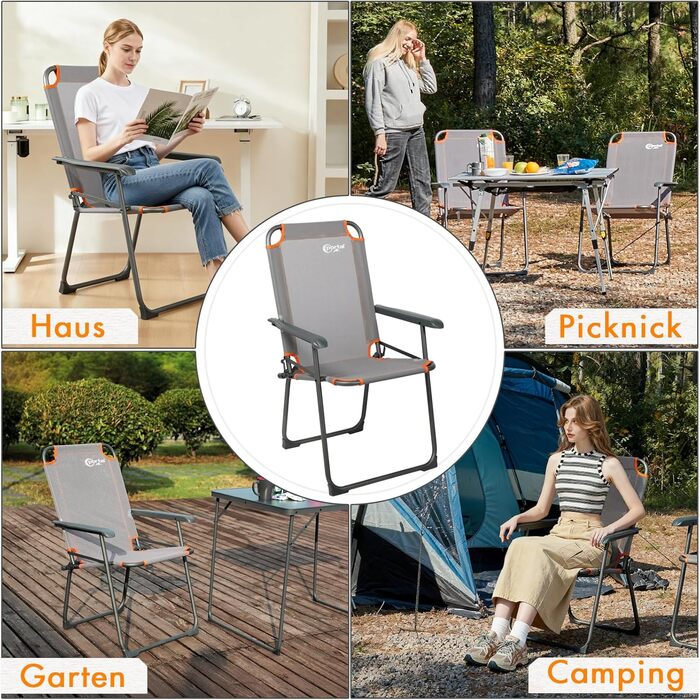 Крісло для кемпінгу Portal, складне, кемпінгове крісло, вантажопідйомність до 100 кг, легке, рибальське крісло, пляжне крісло, складне, висока спинка для садового фестивалю на свіжому повітрі, помаранчеве, сіре, сіро-помаранчеве