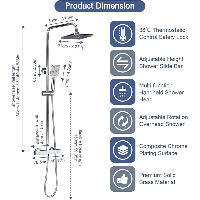 Душова система Namuoto з термостатом для душової арматури, тропічний душовий набір з верхнім душем і душовою лійкою, душовий набір зі шлангом і регульованою по висоті душовою штангою душові системи квадратні, хромовані