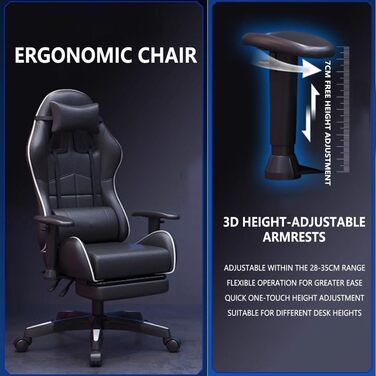 Ігрове крісло, ергономічне комп&39ютерне крісло з підставкою для ніг, що відкидається на 90-145, регульовані 3D підлокітники, потовщене шасі для дому та офісу, чорного кольору
