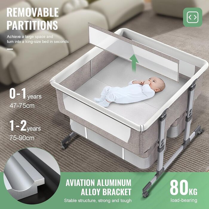Односпальне ліжко для двох немовлят, дитяче ліжко для близнюків, колиска для близнюків, односпальне ліжко поруч зі мною, регульована висота в 6 напрямках, легко розкладне спальне ліжко, портативне дитяче ліжко кольору хакі