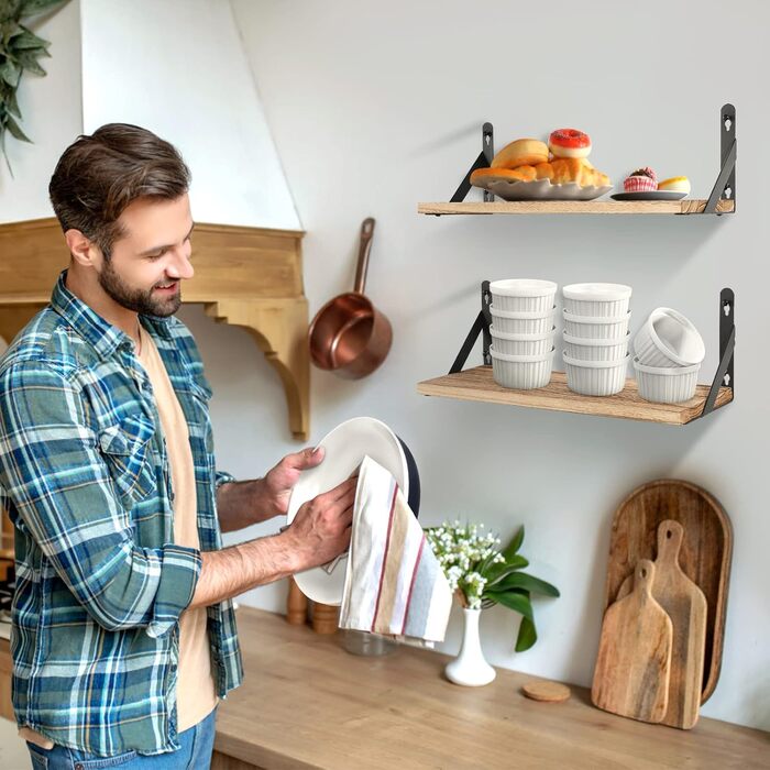 Настінна дерев&39яна полиця Uten Rustic, плаваюча полиця 42 см, комплект з 2 предметів з металевим дротом для вітальні, спальні, кухонної полиці, кольору дерева, вінтажний світло-коричневий B - колір дерева