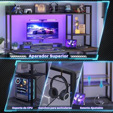 Ігровий стіл з полицею, комп&39ютерний стіл 47 дюймів зі світлодіодним підсвічуванням та розетками, стіл для домашнього офісу з двосторонніми 5-ярусними відділеннями для зберігання та підставкою для монітора, чорний, 120 см.