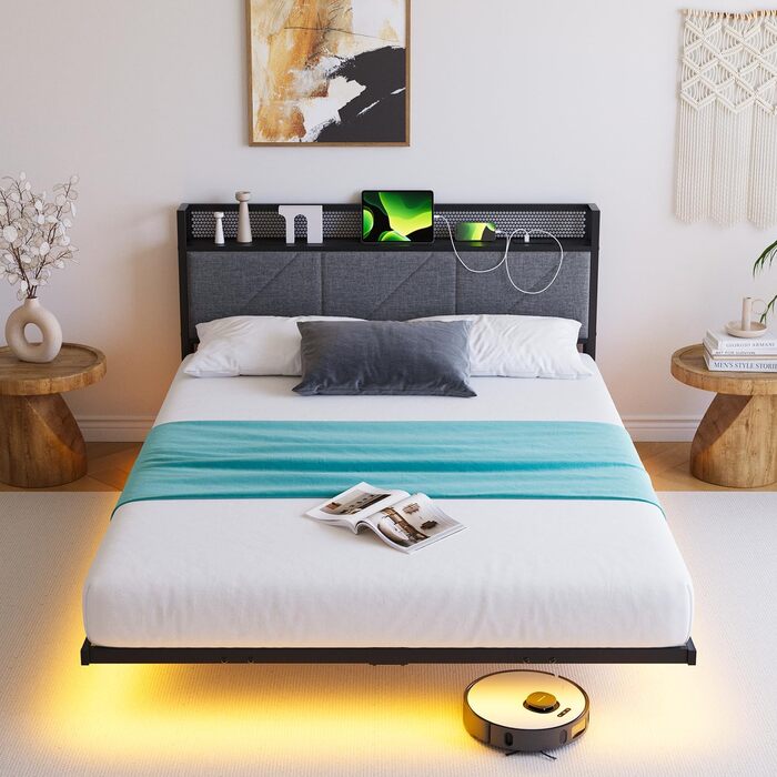 Ліжко-платформа 120 x 200 см з LED-підсвічуванням та USB-зарядною станцією, металевий каркас ліжка-платформи з м&39яким узголів&39ям для зберігання речей, міцні металеві ламелі, безшумне/темно-сірий колір