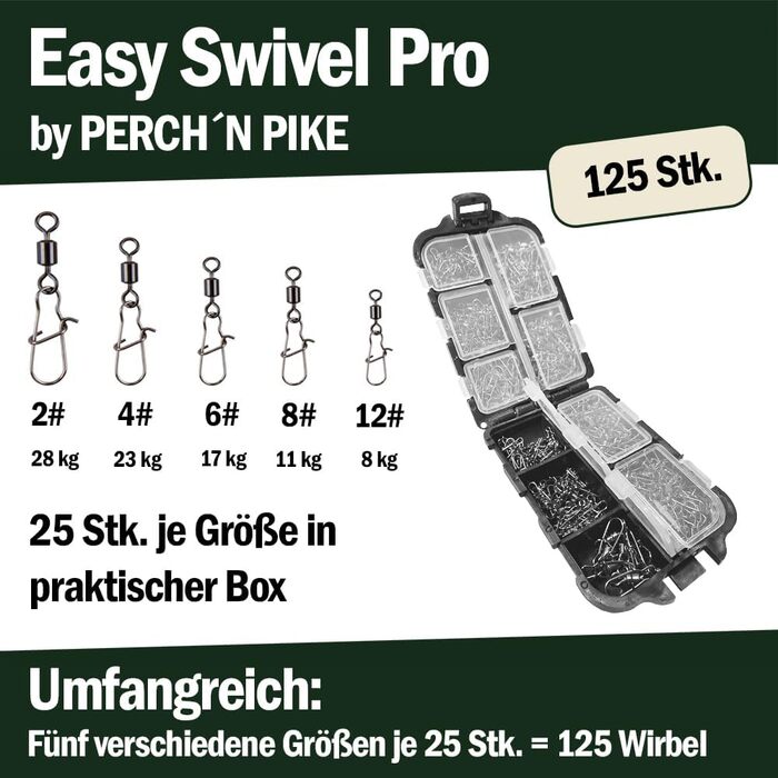 Набір рибальських вертлюжків PERCHN PIKE, включно з ящиком, Duo-Lock Snap, 8-28 кг, набір рибальських вертлюжків, набір вертлюжків 125 для спінінгової риболовлі, вертлюг рибальський з карабином для лову форелі, окуня, судака та щуки.