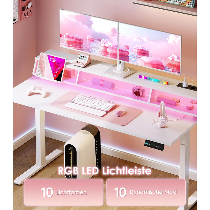 Ігровий стіл OffiGo, стіл з регульованою висотою 140 см, RGB-підсвічуванням та розетками, електричний стіл з 3 відкритими відділеннями для зберігання, тримач для напоїв та навушників, карбонова поверхня білого кольору