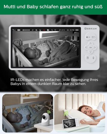 Дюймовий радіоняня Sebikam з 2 камерами, екран HD 720P, відеоняня, батарея 4000 мАг, відеоняня PTZ 355, режим VOX, нічне бачення,