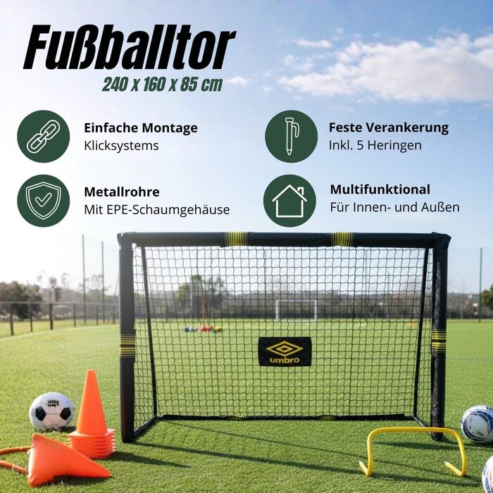 Футбольні ворота Umbro - Великі футбольні ворота - Футбольні ворота - Футбольні ворота для саду, дітей та дорослих - Тренувальний футбольний інвентар для приміщень та вулиці - Метал - Чорний/Жовтий 240x160x8 см