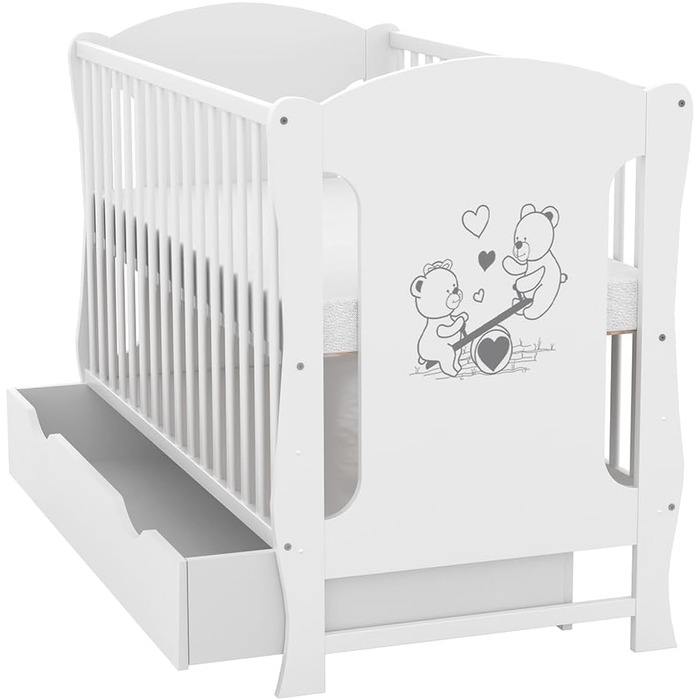 Дитяче ліжко Generic Baby Deluxe 60x120, що трансформується в дитяче ліжко білого кольору з шухлядою та матрацом з алое вера з регульованою висотою та знімними прутами (Lia White)