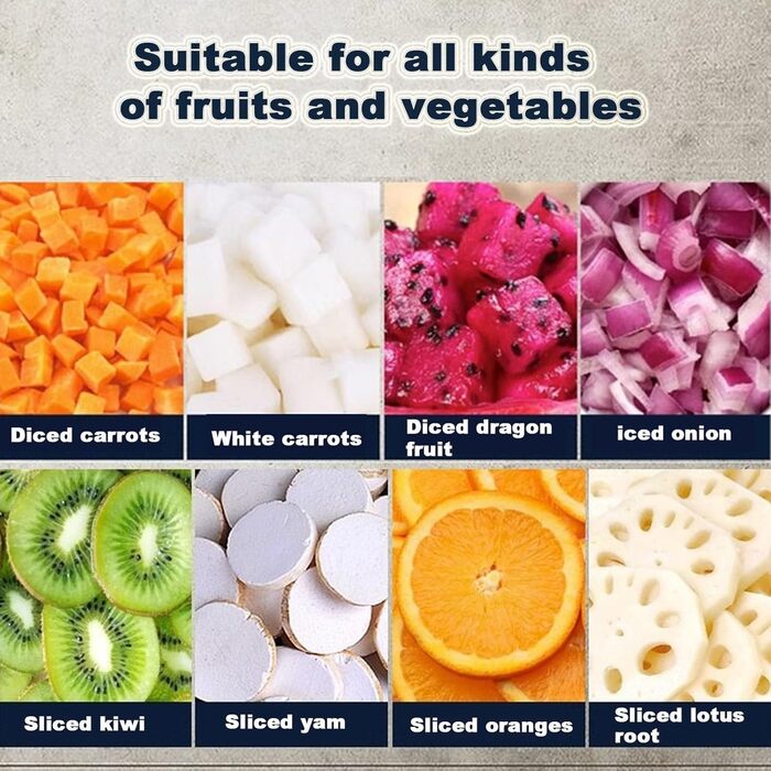 Комерційна овочева машина Oiyekntd з сітчастими ножами, міцна нержавіюча сталь, 200 Вт, електрична машина для кубиків фруктів для картоплі, моркви, огірків, пітаї, 8 мм