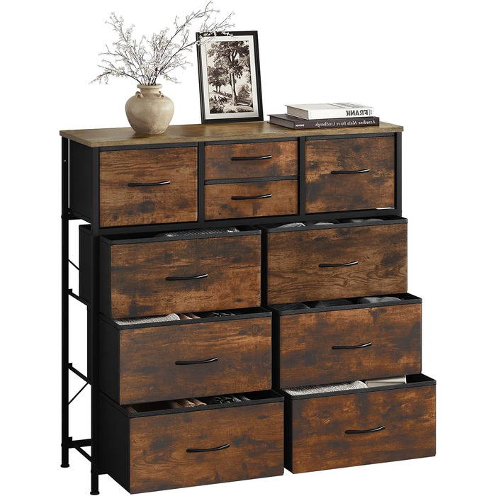 Комод WOLTU з 10 тканинними шухлядами, сервант для вітальні, комод для спальні, шафа для передпокою, металевий каркас, індустріальний стиль, вінтажний коричневий чорний, SSK009shm вінтажний коричневий чорний 10 тканинних шухляд