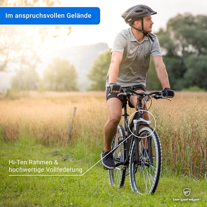 Гірський велосипед Bergsteiger Phoenix 26 дюймів, підходить для зросту від 160 см, дискові гальма, ліхтарі, бризковики, 21-швидкісна коробка передач, повна підвіска, сірий/чорний (матовий)