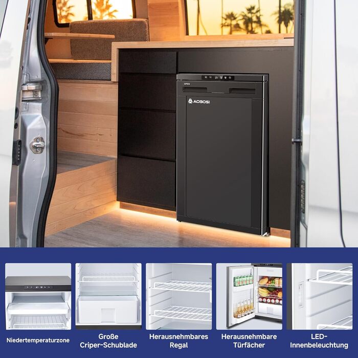 Компресорний холодильник AAOBOSI 83L, холодильник для кемпера з керуванням за допомогою застосунку, 12/24 В постійного струму, автомобільний холодильник зі світлодіодним підсвічуванням, охолоджує до -20 для автомобіля, вантажівки, човна, автофургона, кемп