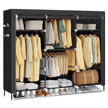 Шафа, Тканинна шафа для спальні, Шафа з вішалкою для одягу, Полиці, Бічні кишені, Велика, 4 відділення для вішалок, 45 x 189 x 180 см, Чорний RYG011BZ02 189B см