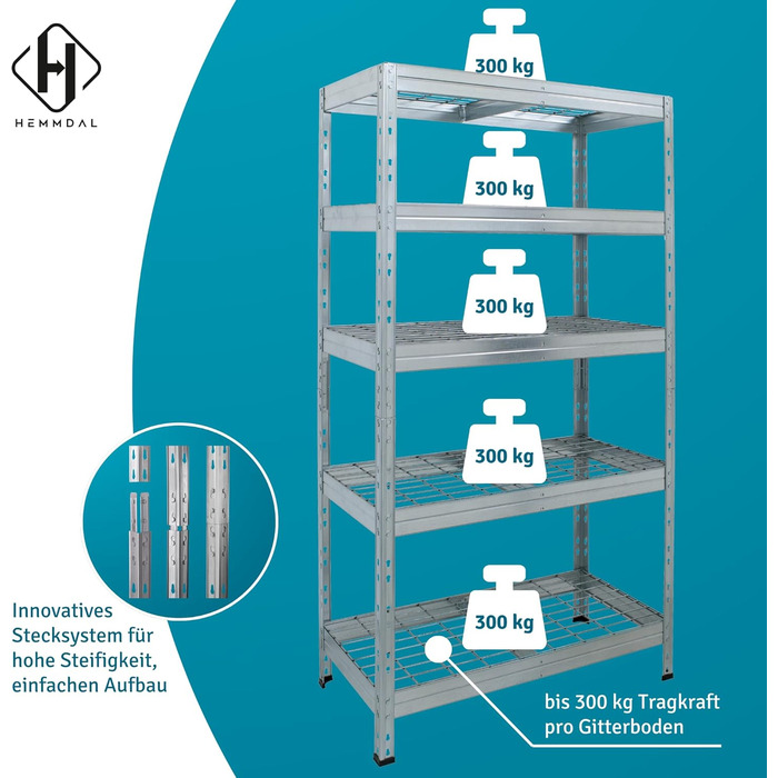 Вуличний стелаж із широким прольотом - вантажопідйомність 1500 кг - ВxШxГ 180 x 90 x 45 см - стелаж без болтів з 5 полицями з регульованою висотою - максимальне навантаження на полицю 400 кг - сертифікований TV - надміцний стелаж з оцинкованої сталі, тип 
