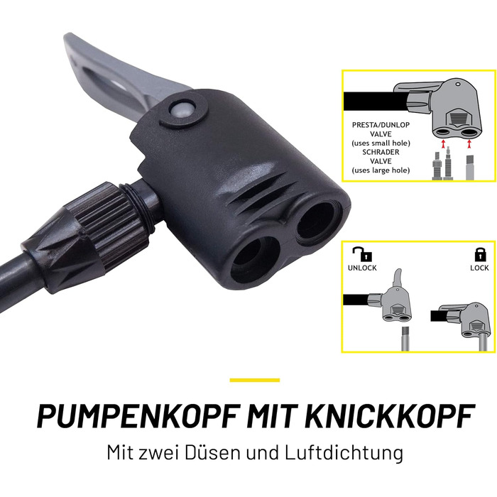 Велосипедний насос Dunlop з подвійним клапаном - велосипедний повітряний насос з 2 адаптерами - для всіх клапанів - клапани Dunlop, Presta та Schrader - 12 бар/180 PSI - ножний насос, манометр, жовтий