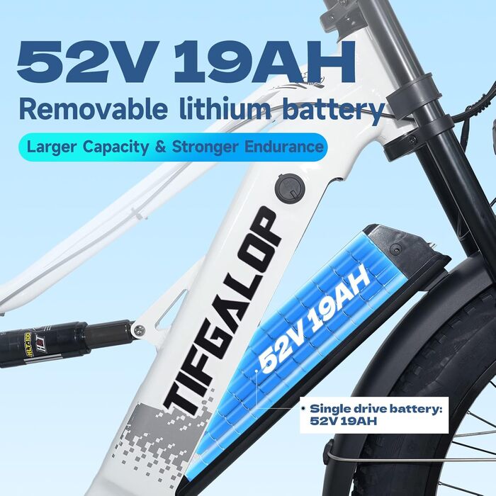 Електричний велосипед Lohang для дорослих, гірський велосипед 26 дюймів, акумулятор 52 В 19 Аг/21 Аг, запас ходу до 40/80/90 км, подвійні амортизатори, 7 передач, електричний велосипед для пляжу та снігу ES7-19 Аг-білий