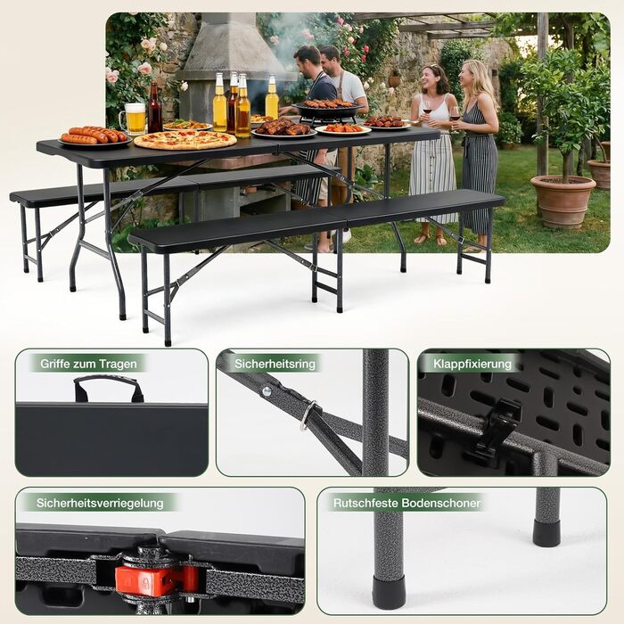 Складаний пластиковий набір для пивного саду Sekey Стіл 2 пивні лавки з ручками для перенесення Набір для пивного саду 180 см для приміщень/вулиці Набір пивних столів (чорний)