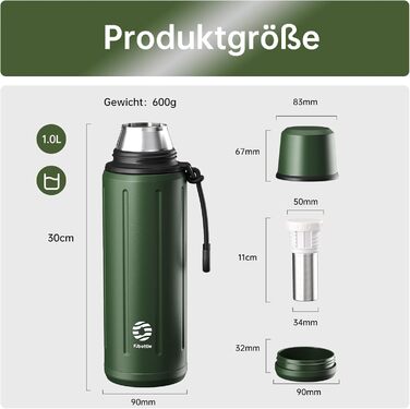 Термос з чашкою, 1 літр (зберігає холод 72 години та гарячий 24 години) Термопляшка для кави та чаю, зі знімним дном та фільтром, підходить для подорожей, офісу та школи (зелена)