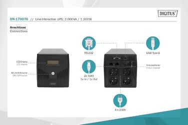 Система безперебійного живлення DIGITUS OnLine - 3 кВА / 3 кВт - 19-дюймовий монтаж 2U - Технологія справжнього подвійного перетворення - джерело безперебійного живлення - чорний (лінійно-інтерактивний, 2000 ВА / 1200 Вт)