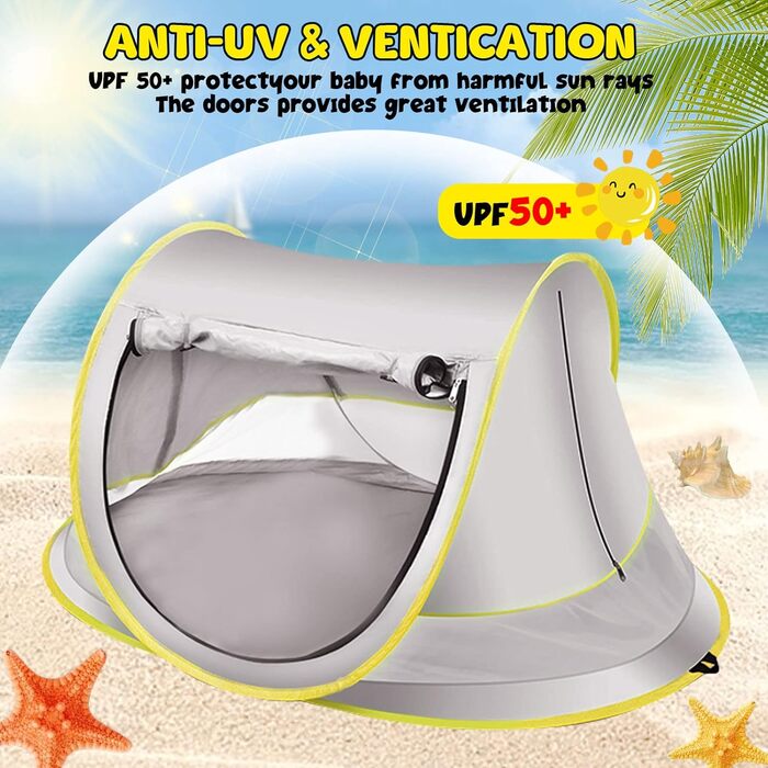 Розкладний пляжний намет із захистом від ультрафіолету 50, пляжний намет для немовлят та малюків, 140x95x60 см, портативний, надзвичайно легкий, захист від сонця, вітрозахисний, пляжний намет для пікніків, садовий, дорожній з сумкою для перенесення, сірий