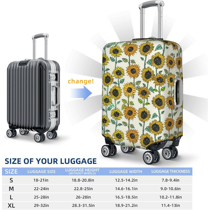 Чохол для валізи Сонячні квіти з еластичною тканиною, захисний від подряпин та пилу, чорний, розмір 80