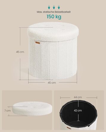 Колекція SONGMICS Mazie Круглий пуф для зберігання речей, пуф для ніг з місцем для зберігання, складний пуф зі знімною кришкою, легке складання, фліс, для гуртожитку, спальні, вітальні, кремово-білий LSF606W01 Фліс кремово-білий