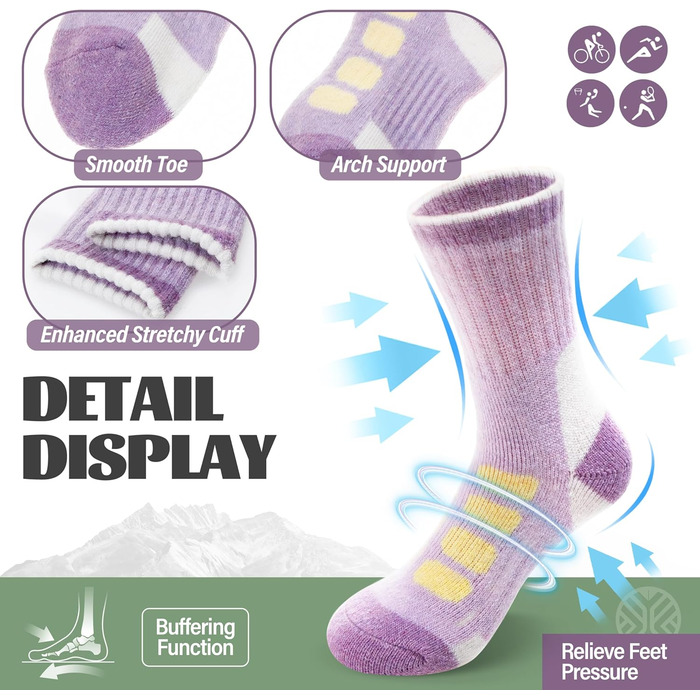 Пар дитячих туристичних шкарпеток з мериносової вовни для хлопчиків, дівчаток та малюків, зимові утеплені товсті шкарпетки-чоботи на теплій підкладці для походів, розміри 29-34, світла клітинка, 6