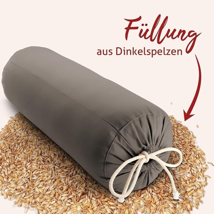 Йога-болстер Йога-рол ручної роботи, Німеччина Діаметр 24 см - довжина 64 см Практична ручка для перенесення Наповнювач зі 100 лушпиння спельти Чохол антрацитового кольору, 100 бавовна, можна прати