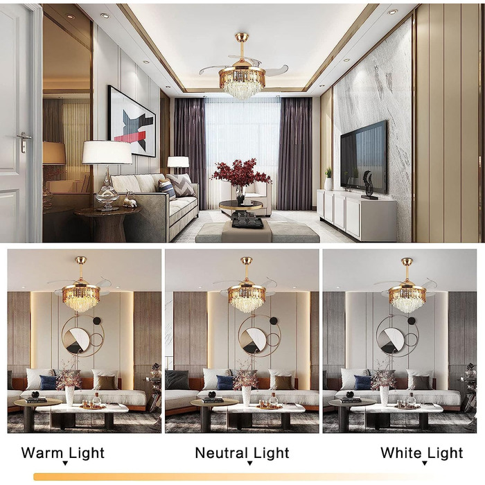 Тиха лампа вентилятора Сучасний кришталевий стельовий вентилятор круглий невидимий висувний вентилятор люстра світлодіодний з регу