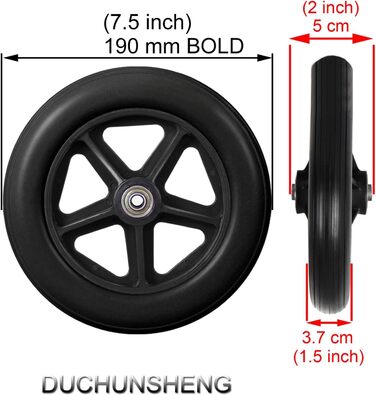Запасні передні колеса для інвалідного візка - 2 шт. и, чорні тверді гумові нековзні колеса - 6 дюймів 7 дюймів 8 дюймів, запасні колеса для інвалідних візків, ходунки, аксесуари для запасних коліс з віссю 7,5 дюймів (190 мм) чорного кольору
