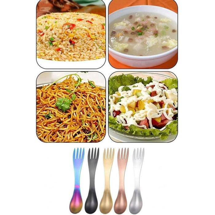 Набір із 5 виделок та ложок 2-в-1, портативний кухонний посуд із нержавіючої сталі для кемпінгу, подорожей, пікніків, офісу та використання на свіжому повітрі
