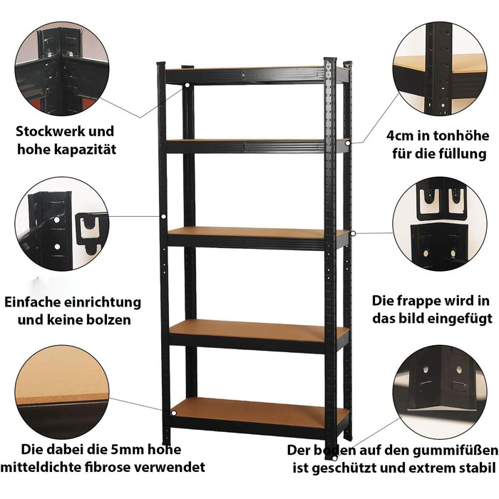 Високоякісний міцний стелаж, кріпильні елементи в комплекті, вантажопідйомність 875 кг, 5 регульованих, міцних полиць з МДФ для зберігання, підвалу, гаража, льоху, майстерні (чорний, 70x30x150 см)