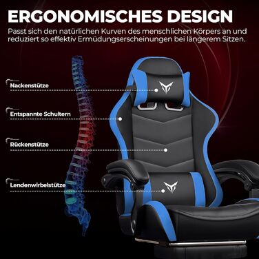 Ігрове крісло GTPLAYER, ергономічне офісне крісло з підставкою для ніг, регульованим підголівником та поперековою опорою, ігрове крісло, синє