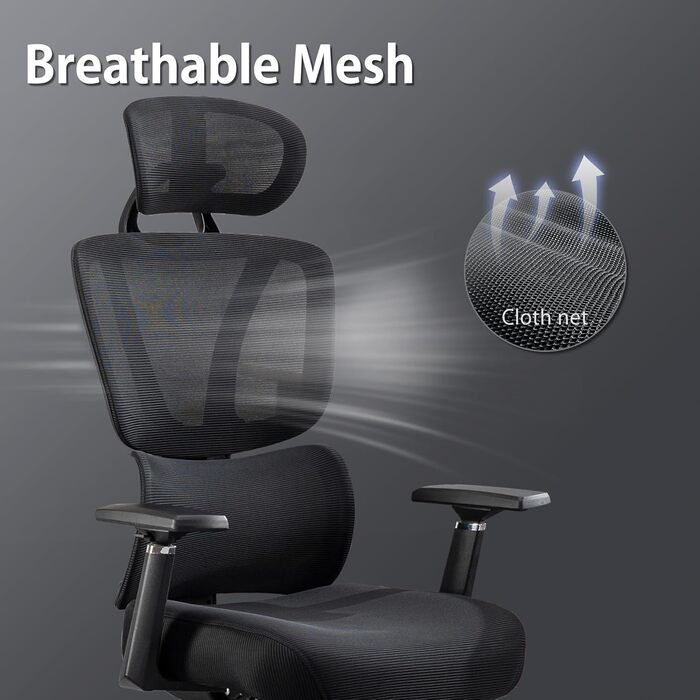 Ергономічне офісне крісло, вантажопідйомність 200 кг, регульована поперекова опора/3D підлокітники/підголівник/функція гойдання, регульоване по висоті письмове крісло, чорний колір