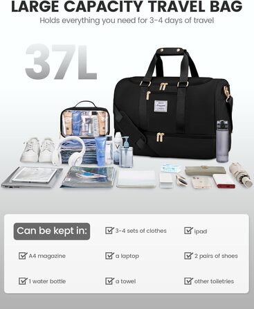 Жіноча спортивна сумка LOVEVOOK, дорожня сумка для вихідних з косметички, відділенням для взуття та вологим відділенням, водонепроникна спортивна сумка, сумка для занять спортом, подорожей, літака, чорна M A-black