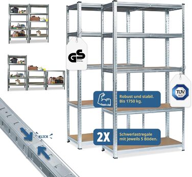 Подвійний надміцний стелаж Grafner XXL з 10 полицями з МДФ, максимальне навантаження 1750 кг, сертифікований TV/GS, закруглені кути, 180x180x40 см, безболтовий стелаж Twin Pack, стелаж для зберігання, стелаж для підвалу