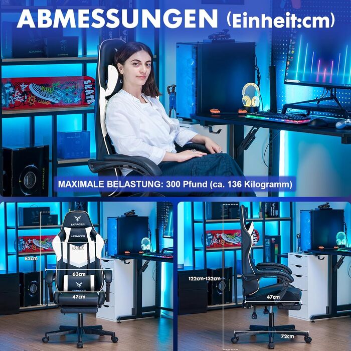 Ігрове крісло LUCKRACER з підставкою для ніг, ергономічне офісне крісло з регульованою поперековою подушкою та підголівником, ігрове крісло з регулюванням висоти, вантажопідйомність 150 кг, білий колір