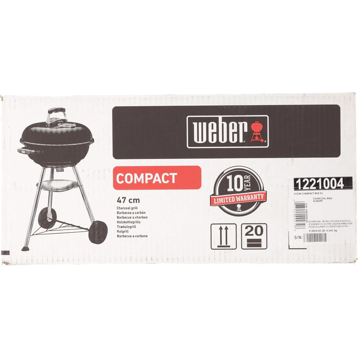 Гриль для вугілля Weber Compact Kettle, діаметр решітки 47 см, решітка для барбекю з порцеляновою емальованою кришкою та чайником,