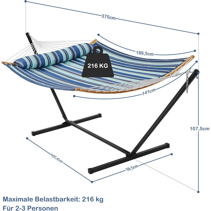 Гамак Yaheetech з каркасом і подушкою, XXL двомісний гамак з підставкою до 216 кг з навантаженням до 2-3 осіб, регульований по висоті гамак для вулиці та приміщення, Blue Stripe