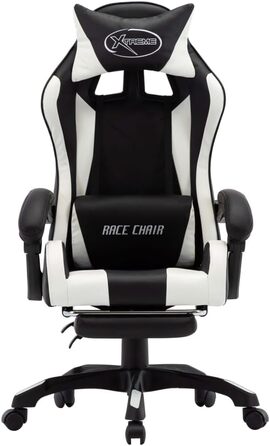 Геймерське крісло з підставкою для ніг, підголівником, поперековою опорою, офісне крісло, обертове крісло, крісло керівника, письмове крісло, спортивне сидіння, гоночний стиль, біла та чорна штучна шкіра