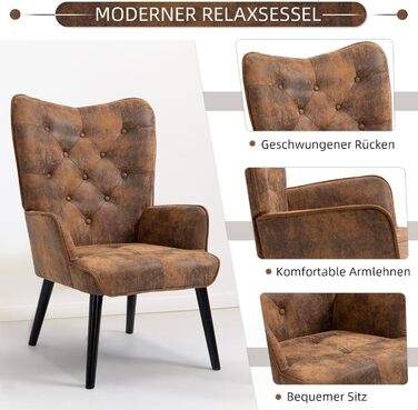 Крісло AVAWING з пуфом для ніг, крісло з відкидною спинкою, крісло під телевізор з ніжками з каучукового дерева, крісло-реклайнер, крісло для вітальні, спальні, офісу, мікрофібра, коричневий