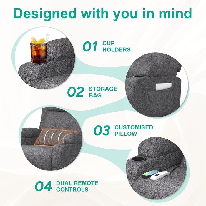 Крісло для телевізора з розкладним підйомником, масажне крісло з електрорегулюванням та функцією підігріву, функція розкладного підйому, підставка для ніг, 2 бічні кишені, підсклянник, порти типу C та USB, крісло для телевізора у вітальню, модний темно-сі