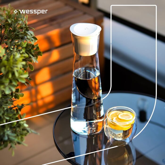 Скляний графин з фільтром для води Wessper, 1 літр, графин для води з мікродисковим фільтром для води, скляний графин з кришкою, для фільтрованої води та холодних напоїв, БЕЗ BPA - білий