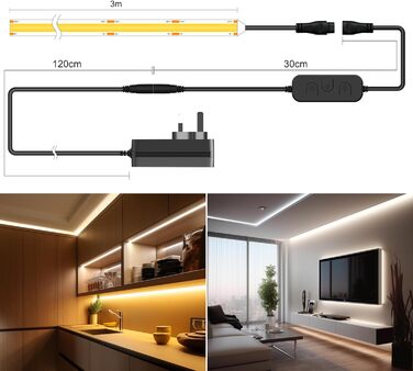 Світлодіодна стрічка TTWAY CCT COB 3M, регульована біла світлодіодна стрічка з регулюванням яскравості 2700K- 6500K 24V з радіочастотним керуванням і адаптером, 608 світлодіодів/м CRI93 Daul біла світлодіодна стрічка для приміщень, кімнат, DIY.