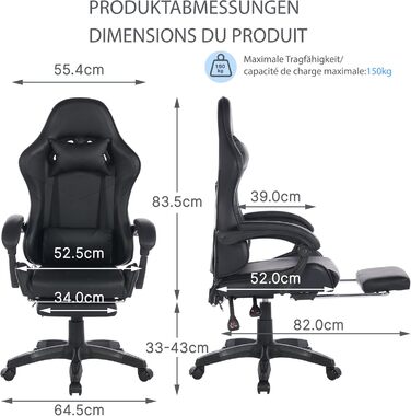 Шкіряне ігрове крісло, поворотне на 360 та ергономічне, з підголівником, поперековою опорою та підставкою для ніг, чорне