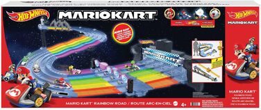 Гоночний трек Hot Wheels Mario Kart у веселкових кольорах, вкл. 2 іграшкові машинки (Маріо та Король Бу), зі світлом та звуками, 2