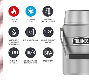 Термос STAINLESS KING для їжі сріблястий 1,2 л нержавіюча сталь, абсолютно герметичний, зберігає їжу гарячою до 12 годин та холодною до 24 годин, з 2 універсальними вкладишами, без BPA. Нержавіюча сталь, 1,2 л
