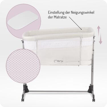 Багатофункціональне приліжкове та дитяче ліжко Momi REVO, 6-рівневе регулювання висоти від 72 до 82 см, з колесами, включаючи матрац, кріпильні ремені, сітку від комах та ручку з іграшками