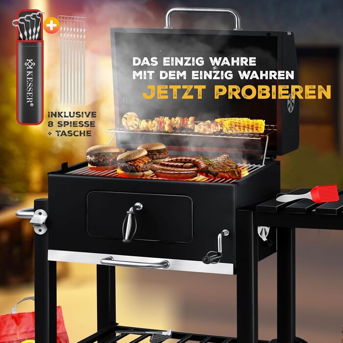Вугільний гриль KESSER BBQ Smoker XL з кришкою, колесами, ручкою з нержавіючої сталі, термометром, решіткою для гриля, щіткою, кришкою, 8 шампурами з пакетом і силіконовою щіткою, окремо стоячим грилем, візком для вугільного гриля